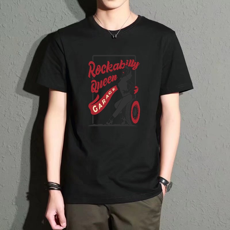 Queen Street Fashion - Men's Black Round-Neck Short-Sleeved T-Shirt, Retro